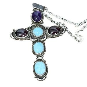Vintage Sterling Cross w/ 6 Cabochon Stones, 20” Sterling Rope Chain